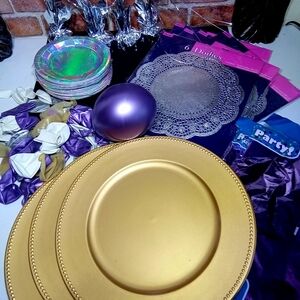 NWT 150+Pc Metallic Party Bundle 🍰 Silver Purple Gold Balloons Bling Tableware